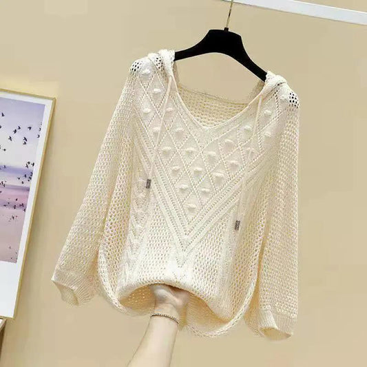 Women's Hollow Knitted Sweater Mid-sleeve Thin Loose Blouse Top Spring and Autumn Girls