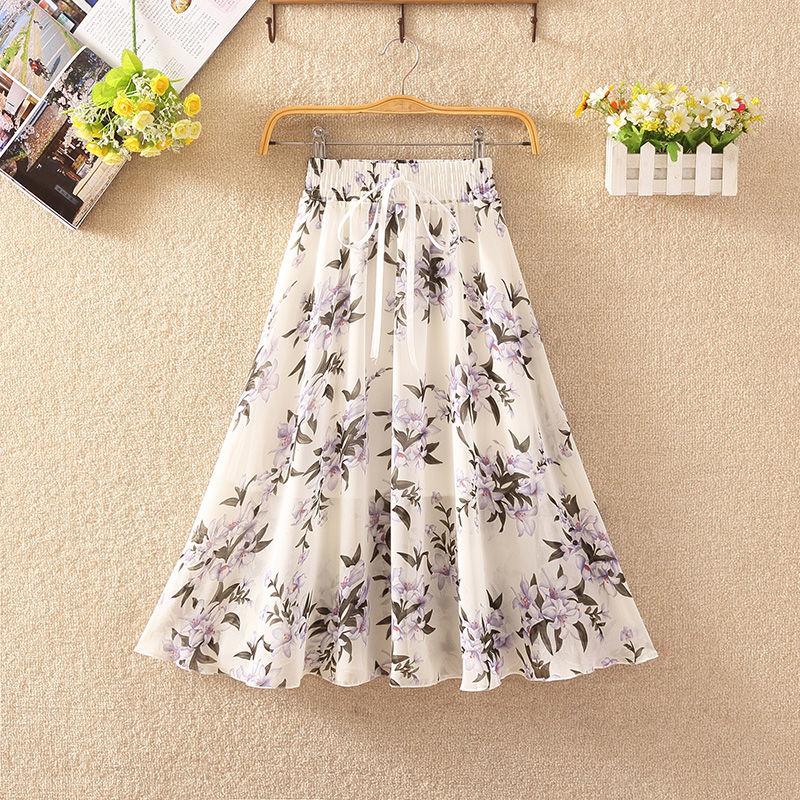 Women's Elastic Waist Pleated Floral Skirt Summer  High Waist Mid-length A-line Draping Chiffon Fairy Dress