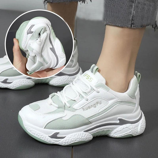 Leather Sports Shoes Breathable Net Shoes Spring and Autumn Female Students' Casual Board Shoes Thick Soles Large Soles Comfortable Shoes White Shoes