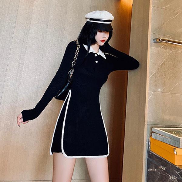 Spring and Autumn Lapel Temperament Short Skirt Casual Hit Color Slim Top Coat Hip Long Sleeve Female Dress