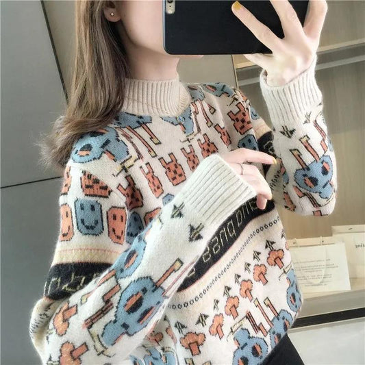 Autumn and Winter High-neck Fashion Jacquard Sweater Loose Half Turtleneck Pullover Knitted Retro Print Large Size Sweater