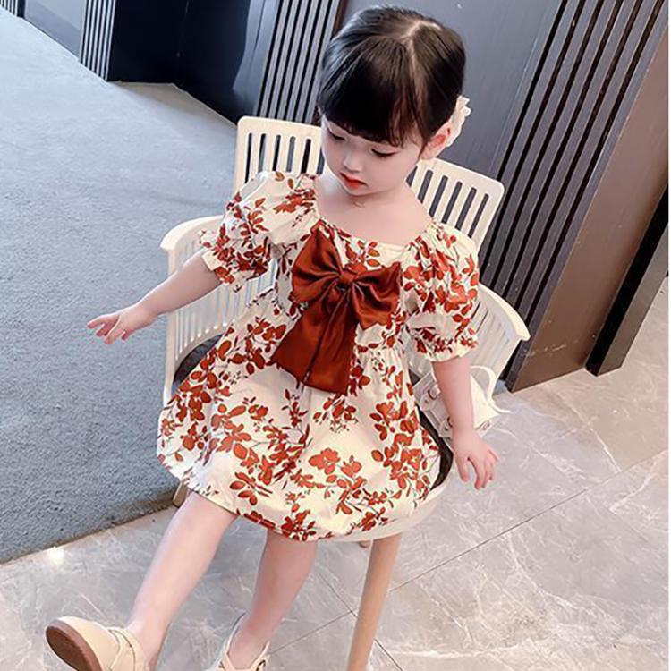 Children Dress Spring Summer Girls' Bow Chiffon Dress Floral Skirt Short Sleeve Girdle Princess Skirt A-line Dress