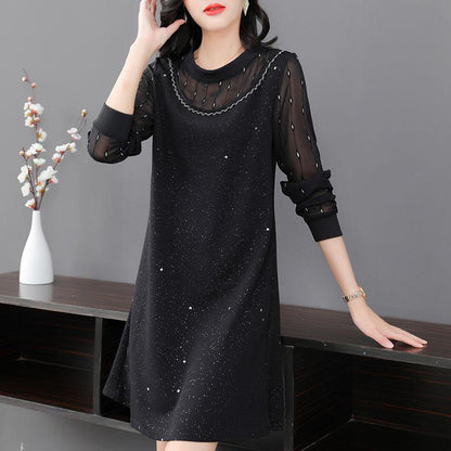 Women Black Blue Dress Solid Color Sequins Tulle Long Sleeve O-neck Spring and Autumn Large Size Loose Knee-length Size L-XXXXXL