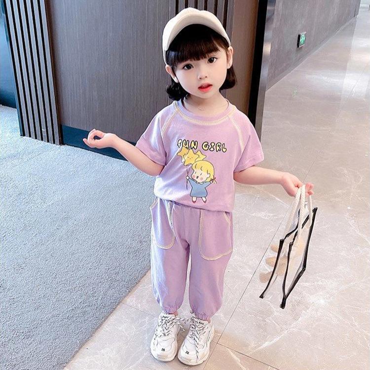 Children's Suit Summer Thin Korean Style Loose Print Girls Suspender Trousers and Leggings Two Piece Set