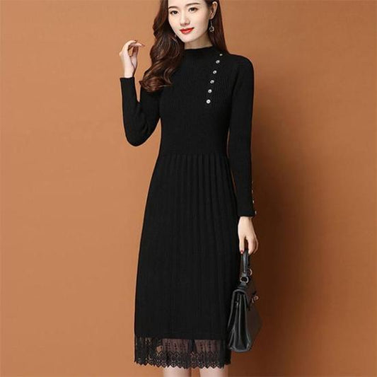 Women's Pullover Thickened Half High Collar Bottoming Knitted Dress Autumn and Winter Solid Color Mid-length Knitted Dress