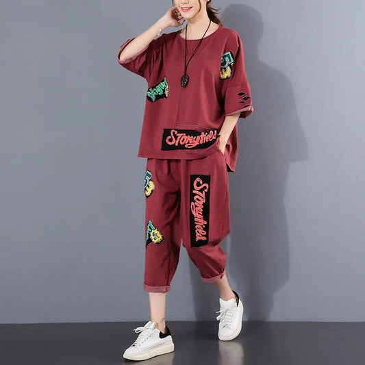 Summer New Loose Large Size Ripped Jacket Patch Printed Casual Two-piece Suit Women