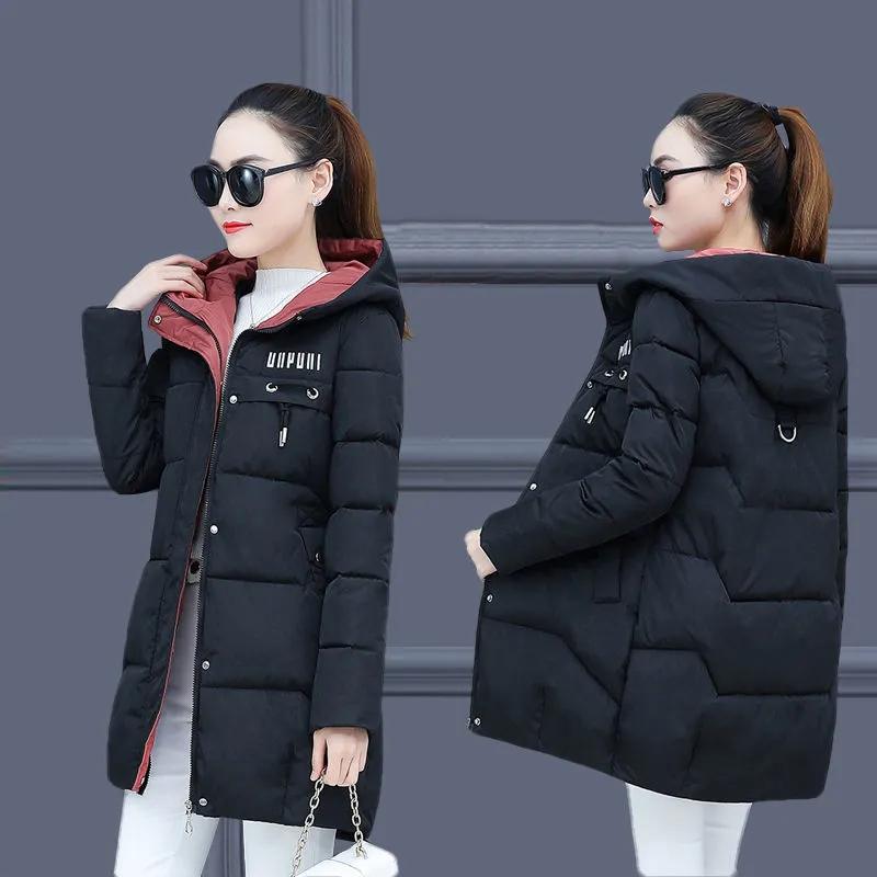 Winter Parkas for Women Mid-length Cotton Women's Down Coats Letter Print Jacket Hooded Medium Long Warm Thickning Coats Female Slim Outerwear