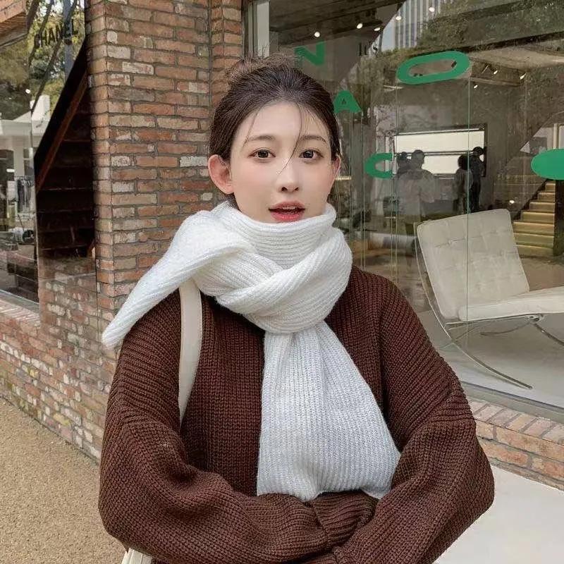 Women's Winter Knitted Scarf Pure Color Cashmere Thickened Warm Scarf Korean Simple Style All Match Wrap Shawl Neck Cover Long Handmade Neckerchief