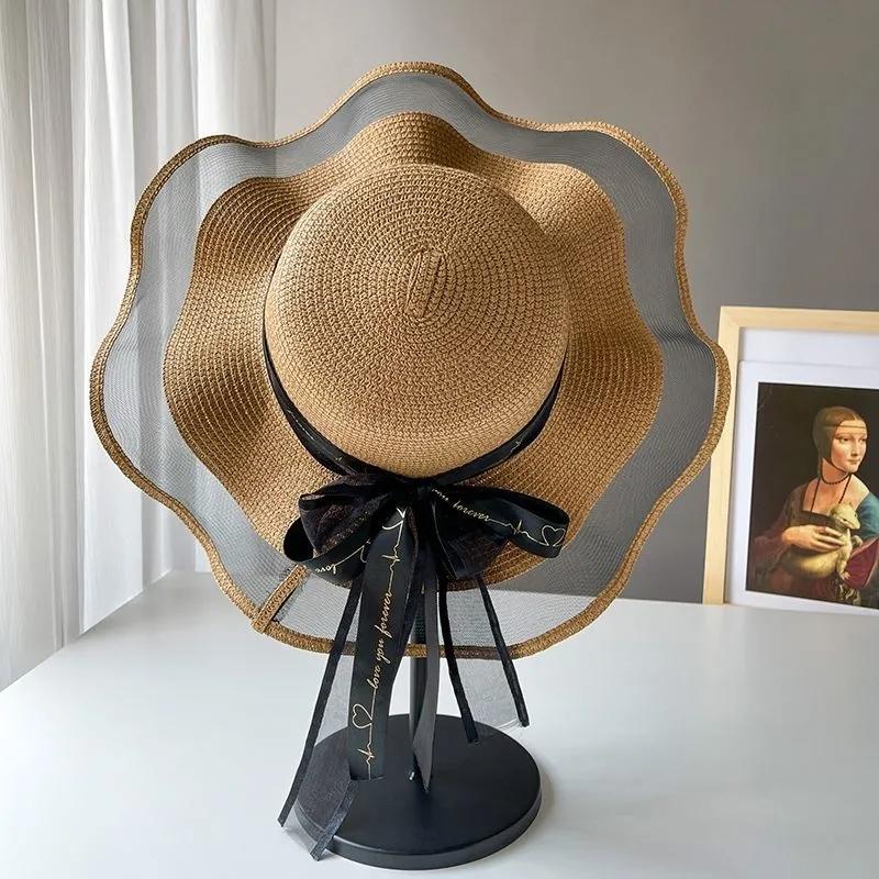 Women's Summer Bow Mesh Straw Hat Transparent Beach Vacation Sun Cap Sunscreen Anti-UV Wide Brim Cool Hat Sun Hat