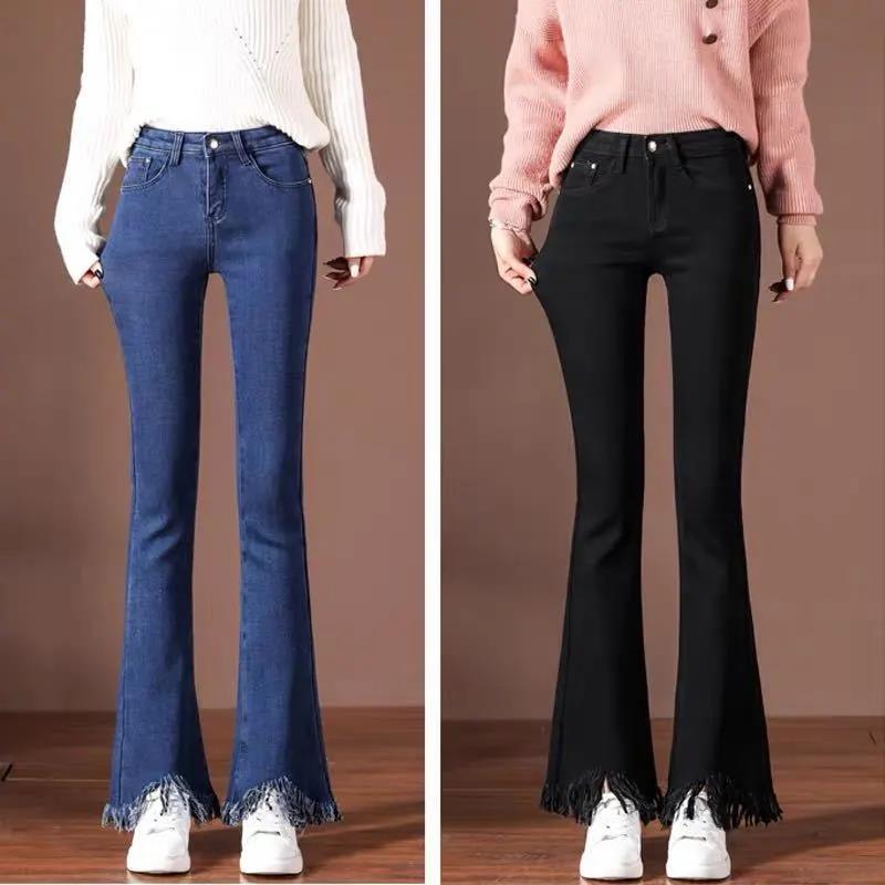 WTEMPO Trumpet Jeans Women's Boot Cut Pant Tight Tassel Denim Pocket Trousers