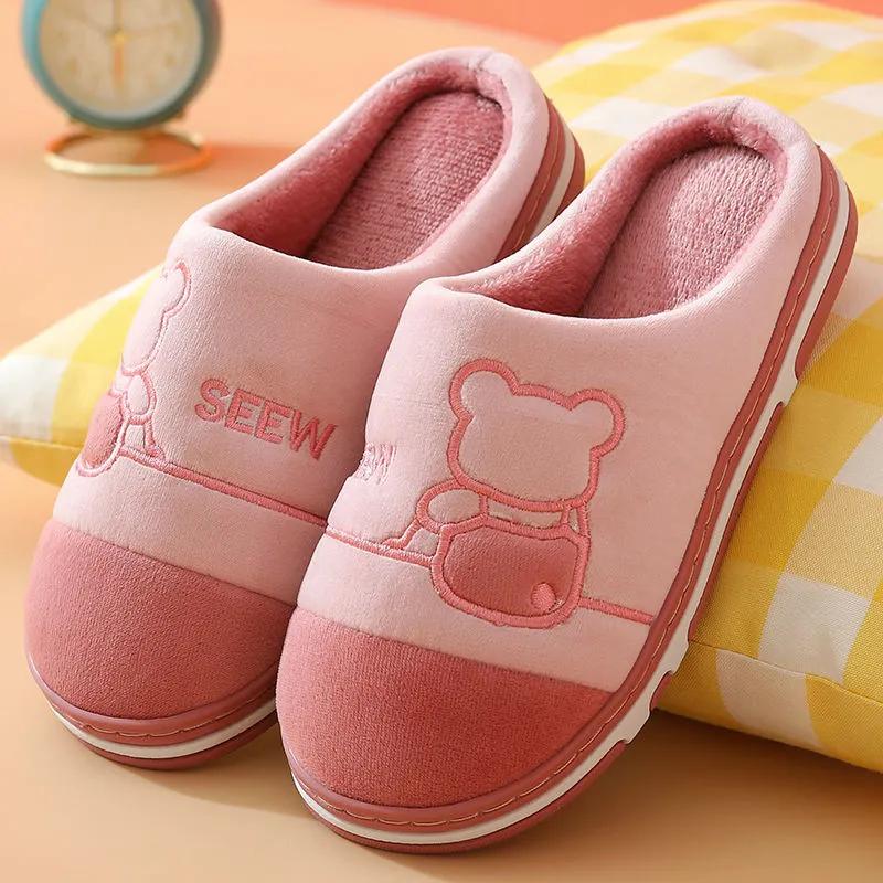 Home Slippers Women Thick Warm Winter Slippers Plus Size Men Cotton Slides Cute Bear Pink Blue Couples Slippers Indoor Non Slip