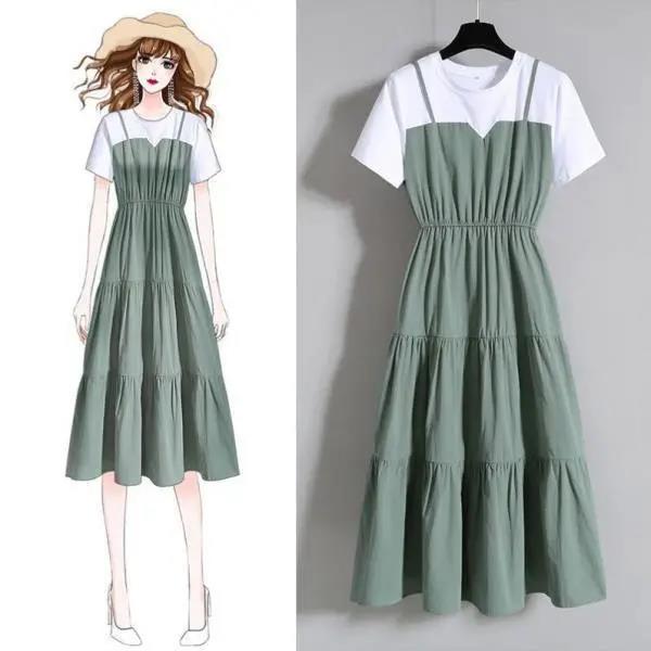 Women Vintage High Waist Round Neck Holiday Splicing Dress Elegant Slim Large Size Pleated Short Sleeve Casual Dress