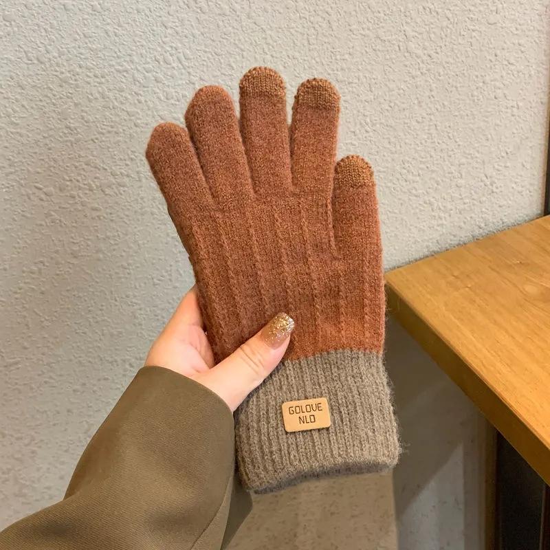 Women's Autumn and Winter Gloves Thickened Cold Proof Touch Screen Warm Knitted Mittens Full Finger Riding Woolen Knitting Matching Gloves