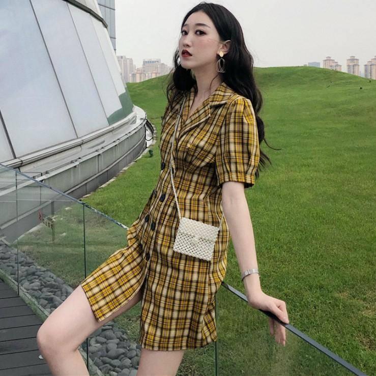 Vintage Women Dress Suit Collar Plaid Summer Dress Double-breasted Short Sleeve Ladies Dress 2020