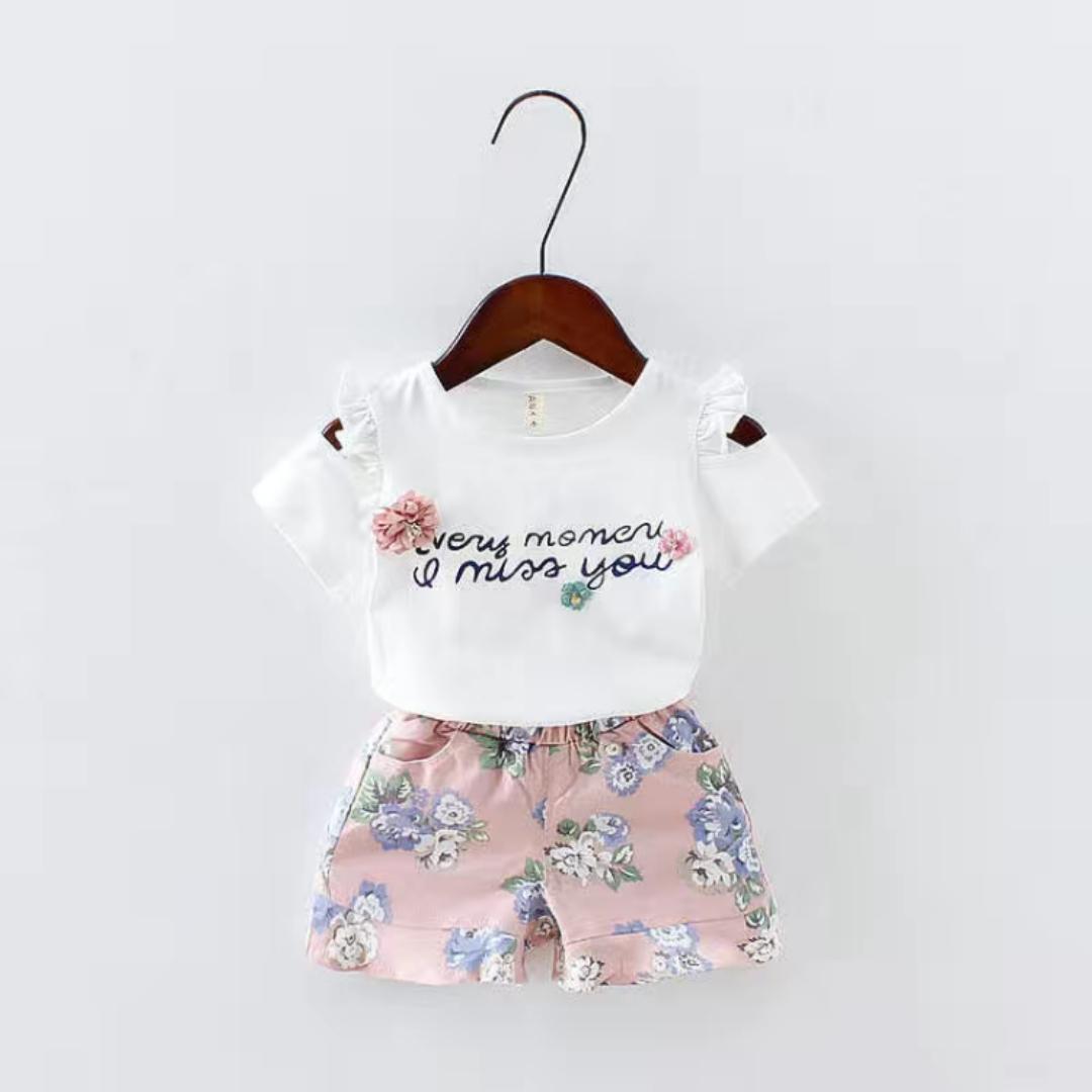 2PCS Children Clothing Set Spring Summer Girls Suits Printing Short Sleeve Tops + Pants Clothing Set