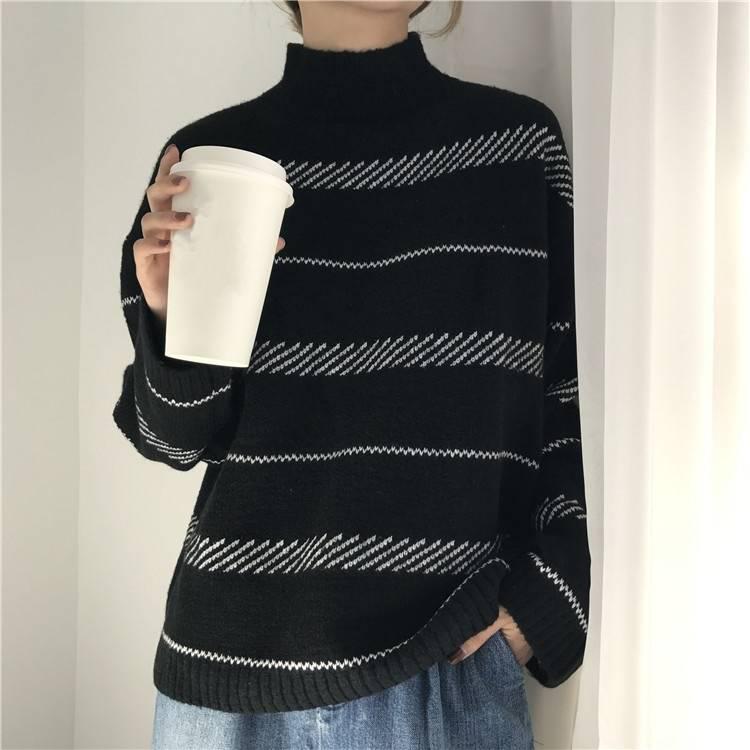 Pofulove Autumn Winter Pullover Striped Turtleneck Short Sweater Female Loose Long-sleeved Sweater