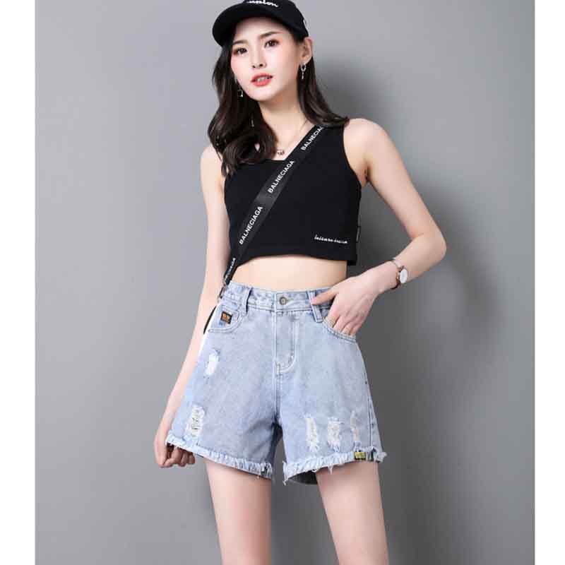 High-waisted Denim Shorts Women's Summer Loose A-line Ripped Pants Quarters Plus Size Wide-leg Pants Thin Section