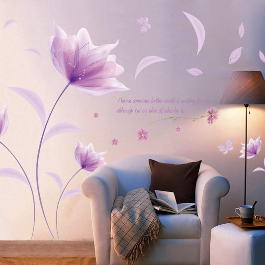 Flower purple romantic warm bedroom background decorative wall sticker in the wind