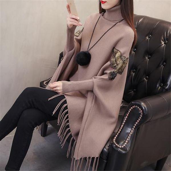 Turtleneck Fringed Sweater Women's Mid-length Korean Version of The Loose Large Size Cloak Coat Knit Bat Shirt