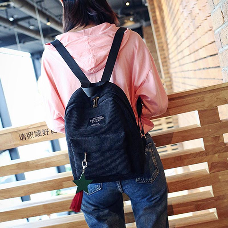 Corduroy Backpack for Women Cute Tassel Student School Bag Casual Knapsack