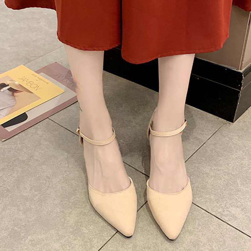 Shoes Female Students Korean Style Single Shoes Female Summer Wild Mid-heel Pointed Toe Buckle Thick Heel High-heeled Shoes Female Sandals