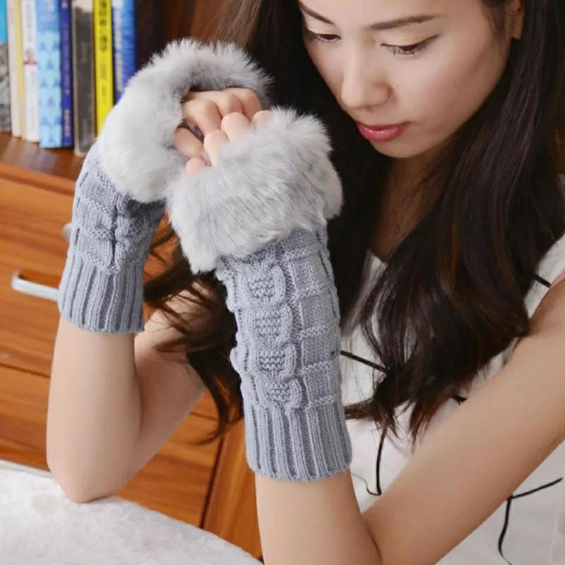 Women's Winter Plush Gloves Woolen Knitted Thickened Arm Sleeves Fake Sleeves Fingerless Mittens Half-finger Lengthened Hand Wrist Warmer Gloves