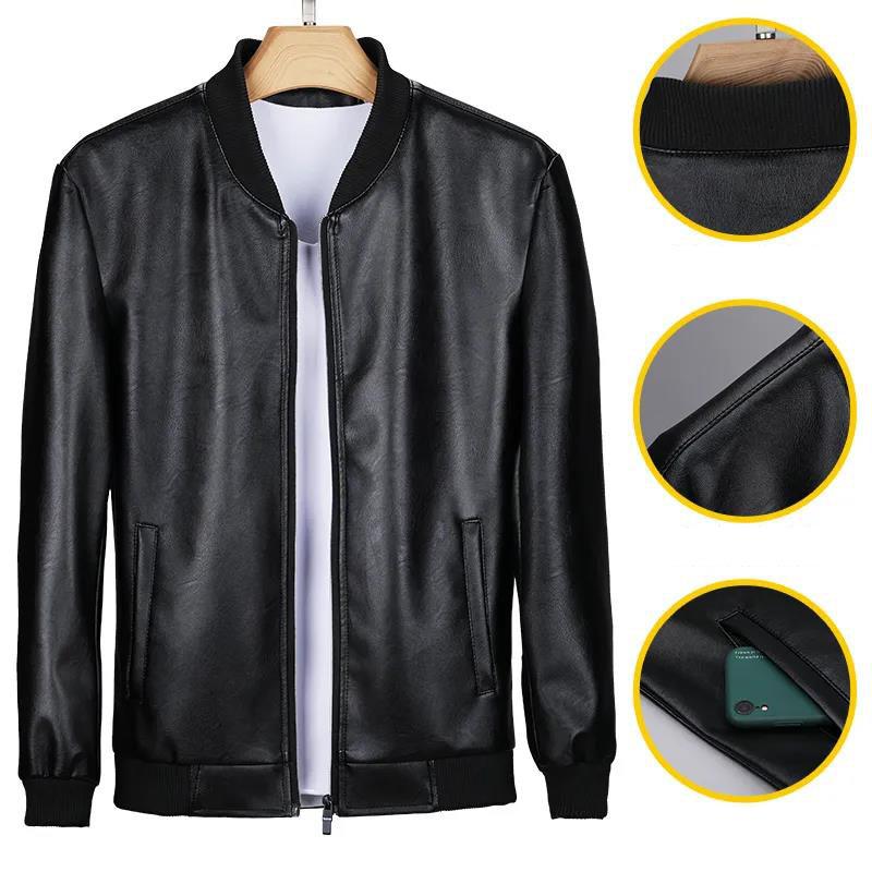 Spring and Autumn Thin Leather Jacket Men's Stand-up Collar Jacket Slim Casual Young and Middle-aged Flight Jacket Motorcycle Clothing