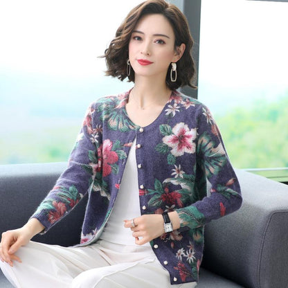 Autumn and Winter Printed Cardigan Women's Plus Size Casual Sweater Coat High-end Wool Sweater