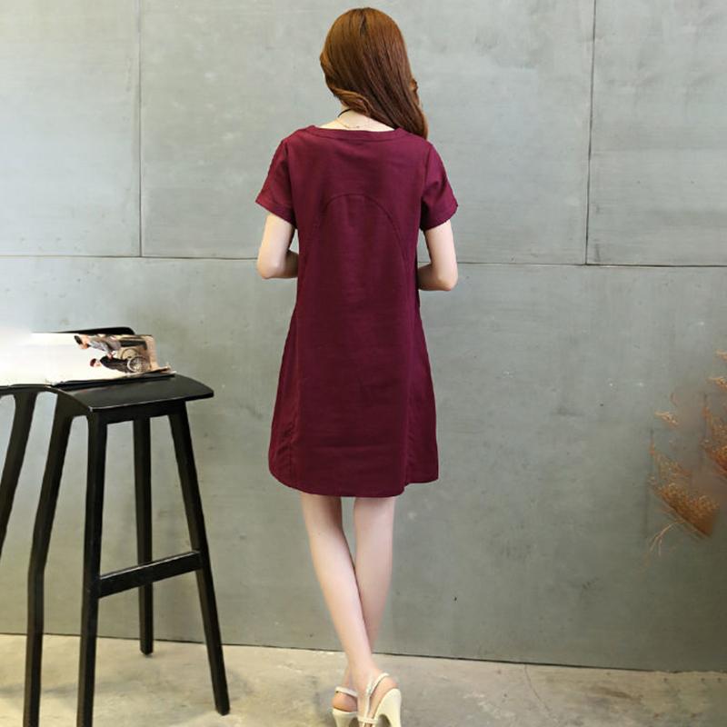 Summer Mid-length Casual Cotton and Linen Round Neck Short-sleeved Skirt Loose Slim Slimming Dress Women's Casual Simple Dress