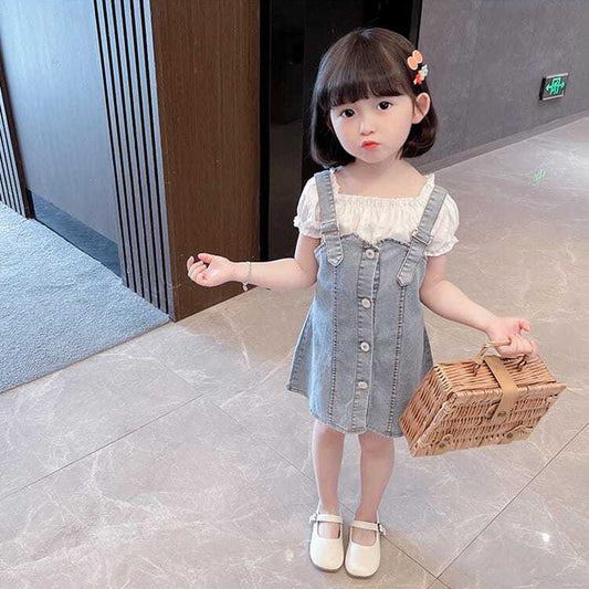 2PCS Children Clothing Set Spring Korean Style Summer Girls Suits Printing Short Sleeve Ruffle Tops + Braces Skirt Clothing Set