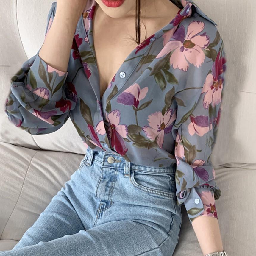 Fashion Women Shirt Floral Printed Blouses Chiffon Blouse Korea Tops Casual V-neck Long Sleeve Ladies Shirt