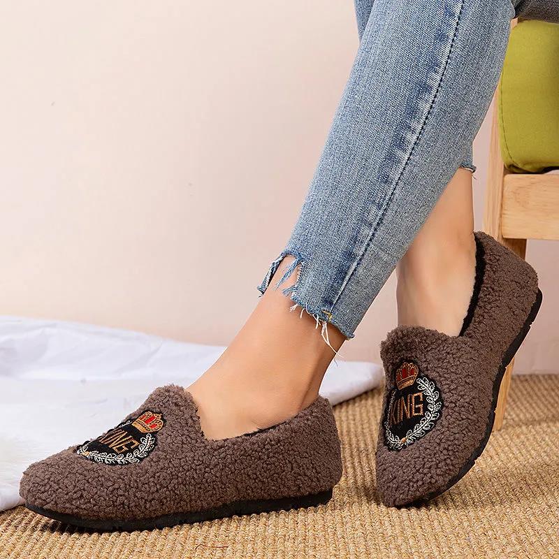 Peas Shoes Autumn and Winter Plus Fluffy Shoes Women's Flat-bottomed Warmth Casual Shoes Women's Moccasin Shoes Slip-on Lazy Shoes