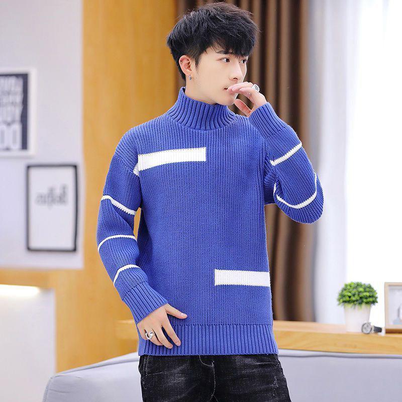 Spring and Autumn Striped Casual Round Neck Sweater Personalized Half High Neck Splicing Color Sweater