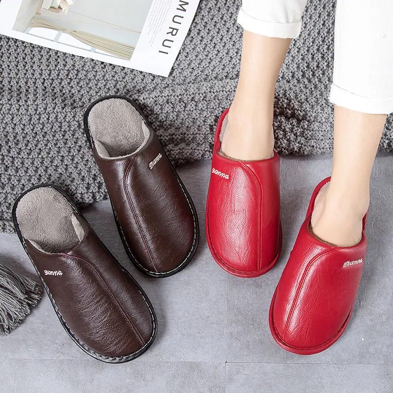 Cotton Slippers Men's Autumn and Winter Non-slip Home Furnishing Household Plus Velvet Warmth Waterproof Lint Slippers