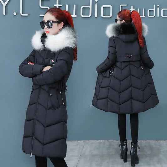 Down Jacket Winter Ladies Fashion Korean Big Fur Collar Thick Warm Hooded Mid-length Plus Size Cotton Jacket