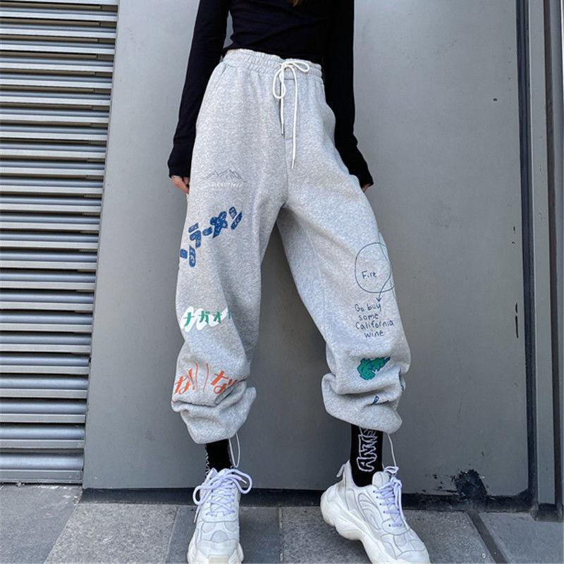 WTEMPO Hip-hop Style Graffiti Sport Pants Elastic Waist Joggers Casyal Women Long Sweatpants Loose Casual Baggy Trousers