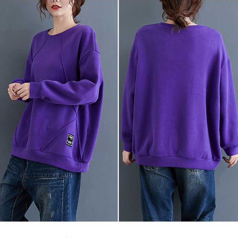 Large Size Long-sleeved Sweatshirts Women's Spring and Autumn Loose Solid Color Stitching Round Neck Pullover Top