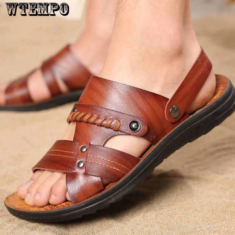 Summer Sandals Men Leather Classic open-toed Slipper Outdoor Beach Rubber Summer Shoes