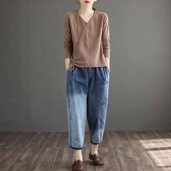 Cotton Solid Color V-Neck T-Shirt Ladies Spring Summer Hem Drawstring Loose Casual Long Sleeve Vintage Top