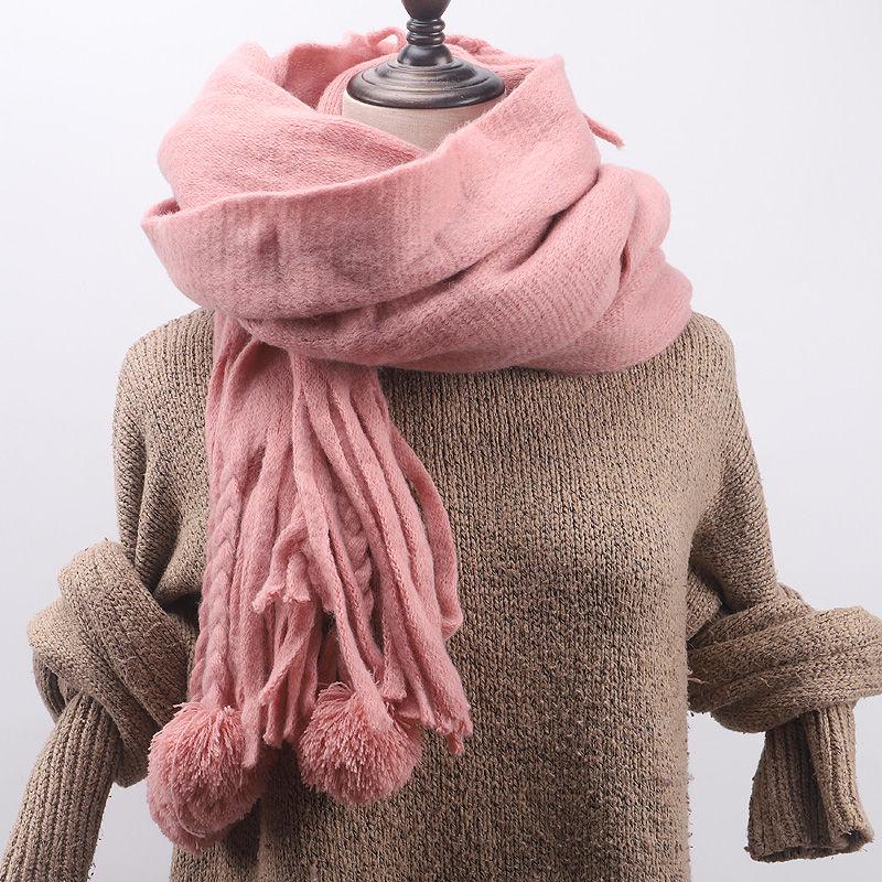 Scarf Female Autumn and Winter Fur Ball Tassel Thick Warm Plaid Shawl Scarf