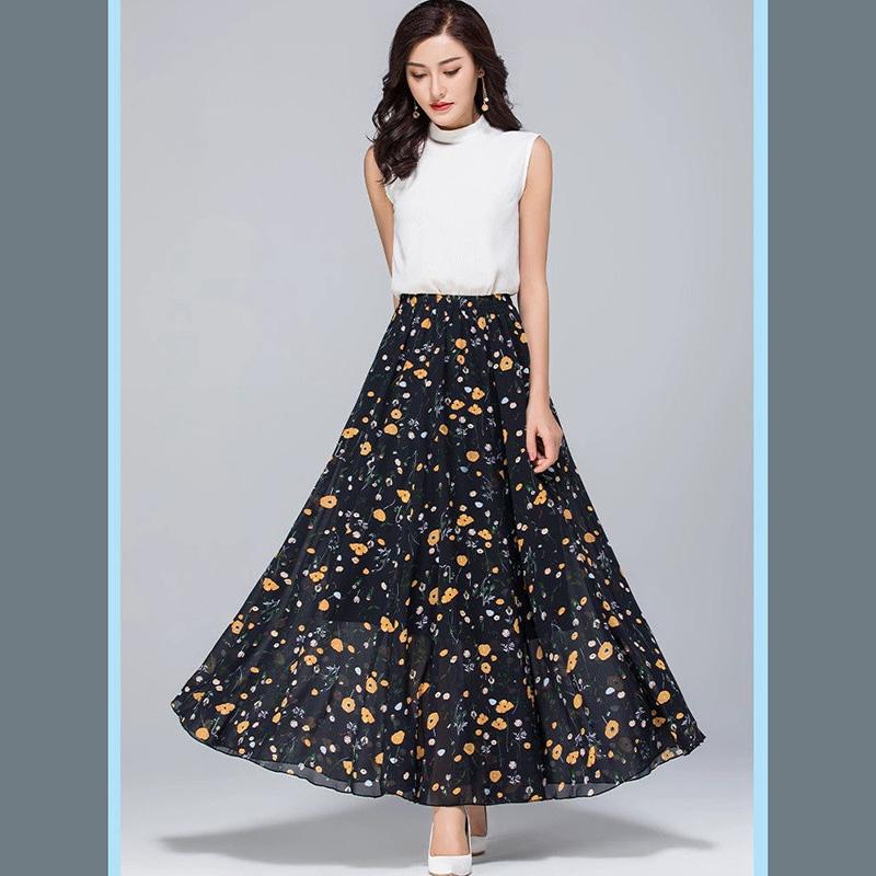 Women Vintage Elegant Floral Skirts Exquisite Printing High Waist A-line Chiffon Skirt Mid-length Chiffon Skirt