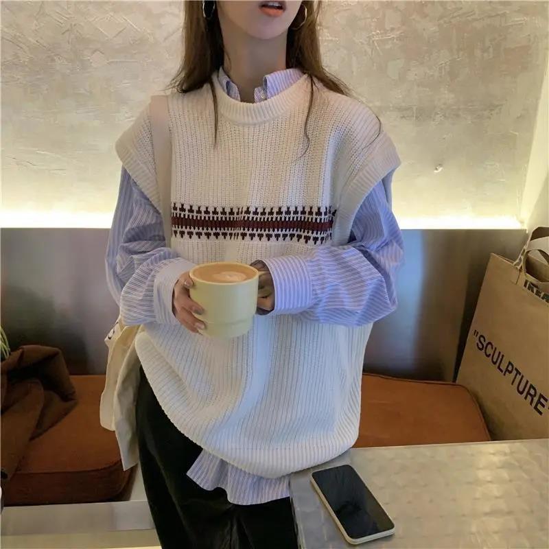 One-piece Retro Casual Simple Style Knitted Vest Sweater Women's Round Neck Thin Sweater Loose Casual All-match Sweater Vest