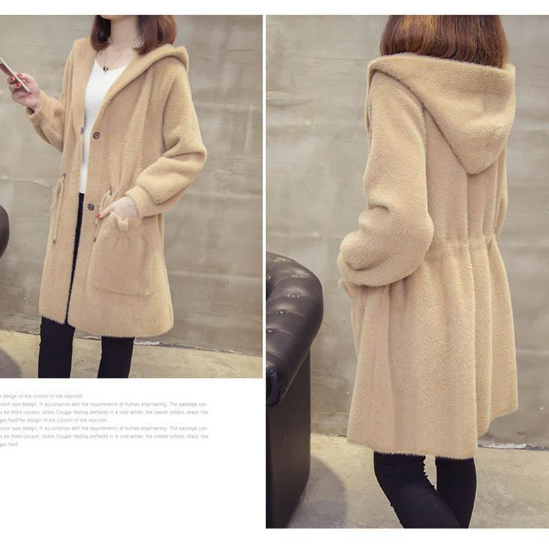 Autumn and Winter Imitation Mink Cardigan Hooded Loose Mid-length Lazy Sweater Large Size Thick Coat Women