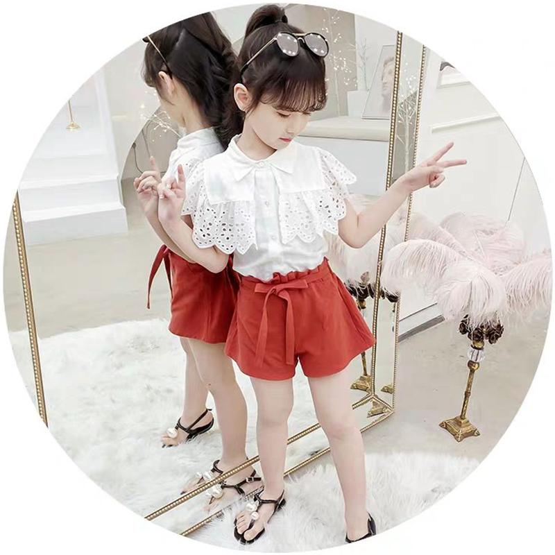 2PCS Children Clothing Set Spring Summer Girls Suits Lace Hollow Out Short Sleeve Tops + Pants Clothing Set