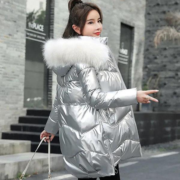 Women's Winter Mid-length Parkas Jackets Female Casual Thicken Warm Hooded Jackets Coats Windproof Shiny Parka Coat with Fur Collar