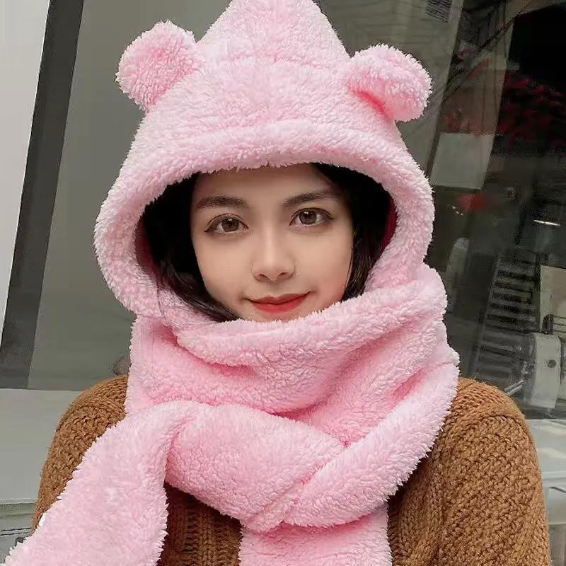 Women's Bear Ears Hat Scarf Gloves Set One-piece All-match Cute Plush Winter Scarf Hooded Cap Riding Windproof Warm Hat Face Ear Protection Hat