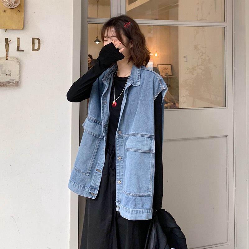 Denim Jacket Female Loose Student Spring and Autumn Style Tooling Waistcoat Denim Vest