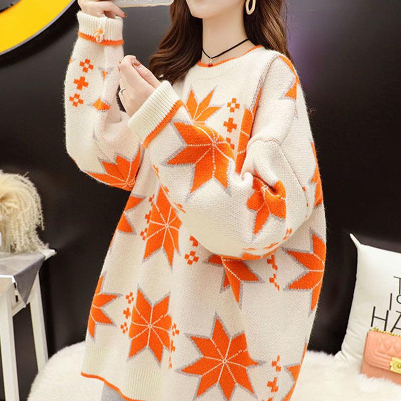 Autumn Winter  Women Fashion Sweater Casual Knitting Sweater Mid-length Round Neck Pullovers Loose Casual Long Sleeve Sweater