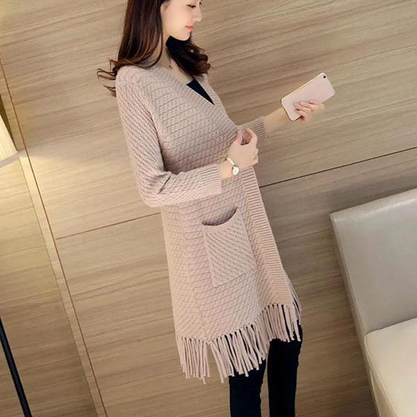 Women's Autumn Mid-length Tassel Cardigan Sweater Spring Large Size Solid Color Casual Sweater Coats