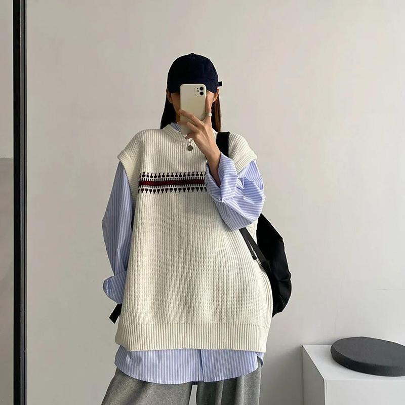 One-piece Retro Casual Simple Style Knitted Vest Sweater Women's Round Neck Thin Sweater Loose Casual All-match Sweater Vest